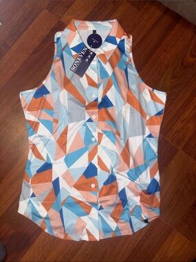 SONEVEN Geometric Sleeveless Button-Up - Blue & Coral